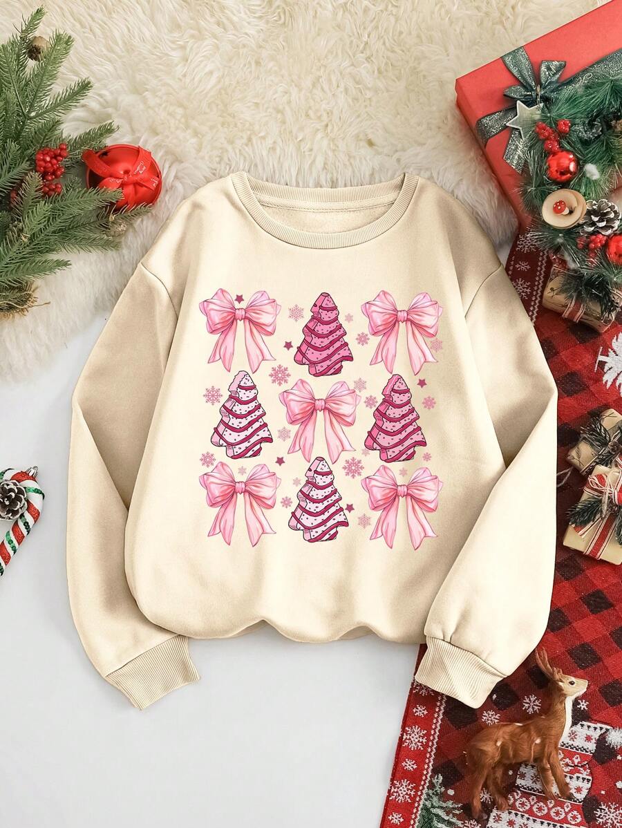 INAWLY Plus Size Women's Crew Neck Christmas Sweatshirt With Bowknot & Christmas Tree Print, For Winter Pullover Fall - Apricot - View 1