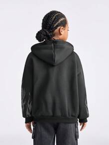 SHEIN Tween Girls' Sequin Panel Zip-Up Hooded Sweatshirt In Black - Black - View 2