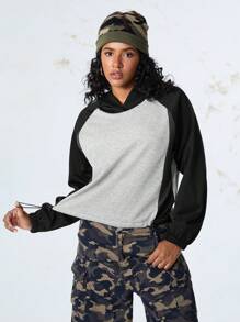 SHEIN Sports Sweatshirt Hoodie Kasual dengan Blok Warna dan Tali Serut di Bagian Bawah - Hitam - View 1