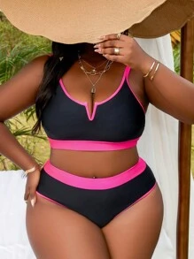 Plus Size Women Contrast Color Holiday Beach Casual Strap Bikini Set Summer - Black - View 4