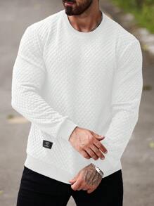 Manfinity Homme Men's Casual Solid Color Textured Pullover Sweatshirt, Autumn/Winter - White - View 3