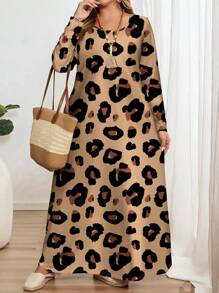 EMERY ROSE Plus Size Leopard Print Long Sleeve Round Neck Dress, Suitable For Autumn/Winter