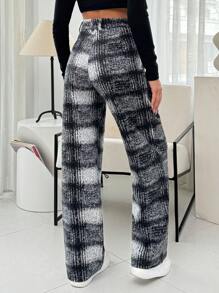 EURMUSE Women Check Pattern High Waist Straight Pants - Grey - View 2