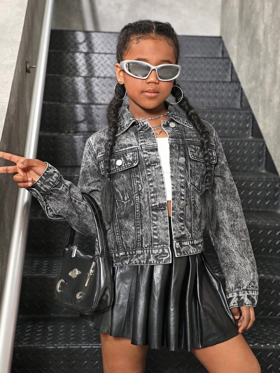 女孩百搭休闲秋冬时尚黑灰色洗水牛仔夹克适合日常穿着 - 深灰色 - 查看 1