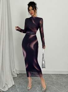 Selianne Đầm lưới in họa tiết ombre co giãn thanh lịch cho nữ Maxi Trang phục nữ - Màu tím - Xem 1