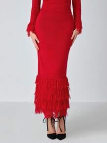 Enchnt Jupe-pull maxi à ourlet duveteux de couleur unie pour femmes, automne/hiver