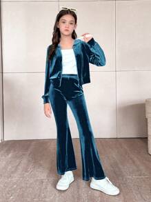 SHEIN Leap Crew 2pcs Tween Girl Gothic Pattern Rhinestone Velvet Short Cardigan With Hood & Flare Leg Pants Set, Casual - Teal Blue - View 3