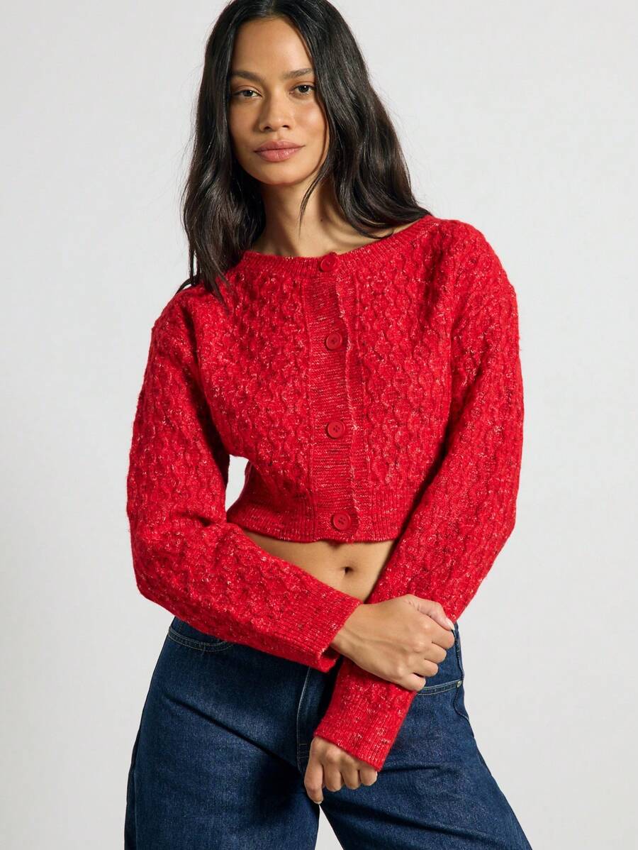 AiiRZ 优质针织粗线图案开衫秋冬纽扣长袖毛衣短款时尚外套分层单品 - 紅色 - 查看 1