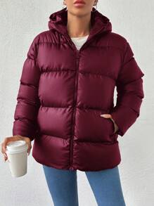 SHEIN Tall Casual Solid Zip Up Hooded Padded Coat, Tall Women - Burgundy - View 3