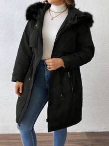 SHEIN LUNE Plus Size Women Solid Color Patchwork Fuzzy Hooded Casual Padded Coat For Winter Fall Cloth For Women - Black - View 3
