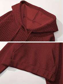 Loose Fit Solid Color Hoodie With Waffle Texture, Long Sleeve, Autumn - Burgundy - View 5