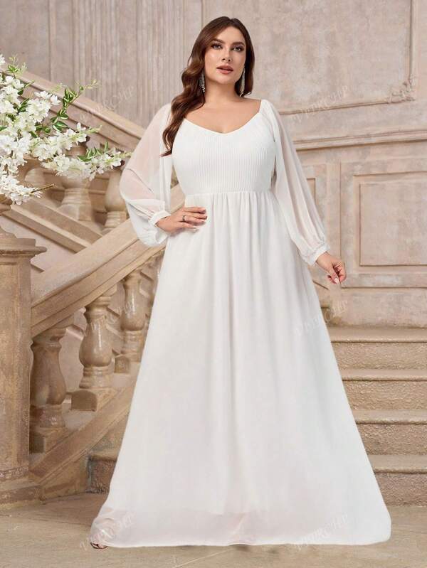 Plus Size White Sweetheart Neck Long Sleeve Simple Elegant Wedding Dress, Bridal Shower Dress White Dress,Bride