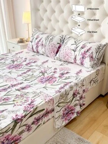 4pcs 100% Polyester Printed Bedding Set (2 Pillowcases + 1 Bed Sheet + 1 Fitted Sheet), Modern Polyester Bedding Set Suitable For All Seasons - Multicolor - View 2