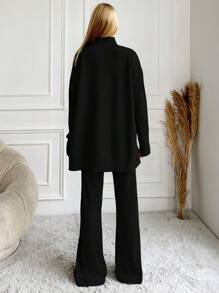 CasuGlow Women's Drop Shoulder Ribbed Long Sleeve T-Shirt And Pants Set - Black - View 2