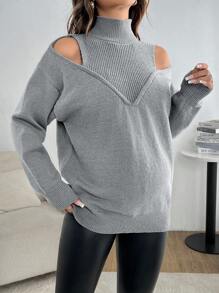 SHEIN 孕妇纯色镂空肩长袖休闲毛衣，秋冬季 - 灰色 - 查看 3