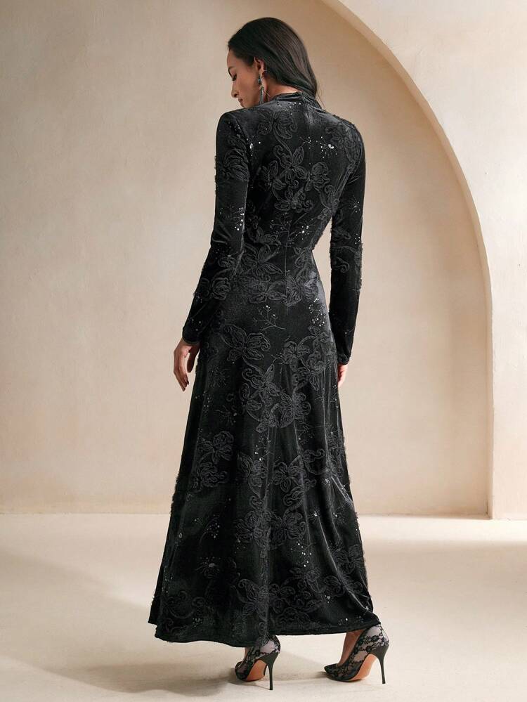 Women's Autumn Early Autumn Elegant Beaded Embroidery Ruched Waist Slim Fit Stand Collar Velvet Dress For Holiday Party Clothes Maxi Women Outfit