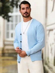 Manfinity Mode Áo khoác cardigan dệt kim cài nút phía trước màu trơn cho nam, mặc mùa thu đông, tay dài - Màu xanh nhạt - Xem 4