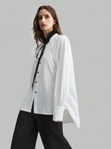 Ontre 女式 2025 新款春季黑白拼色系带领落肩长袖单排扣休闲优雅衬衫