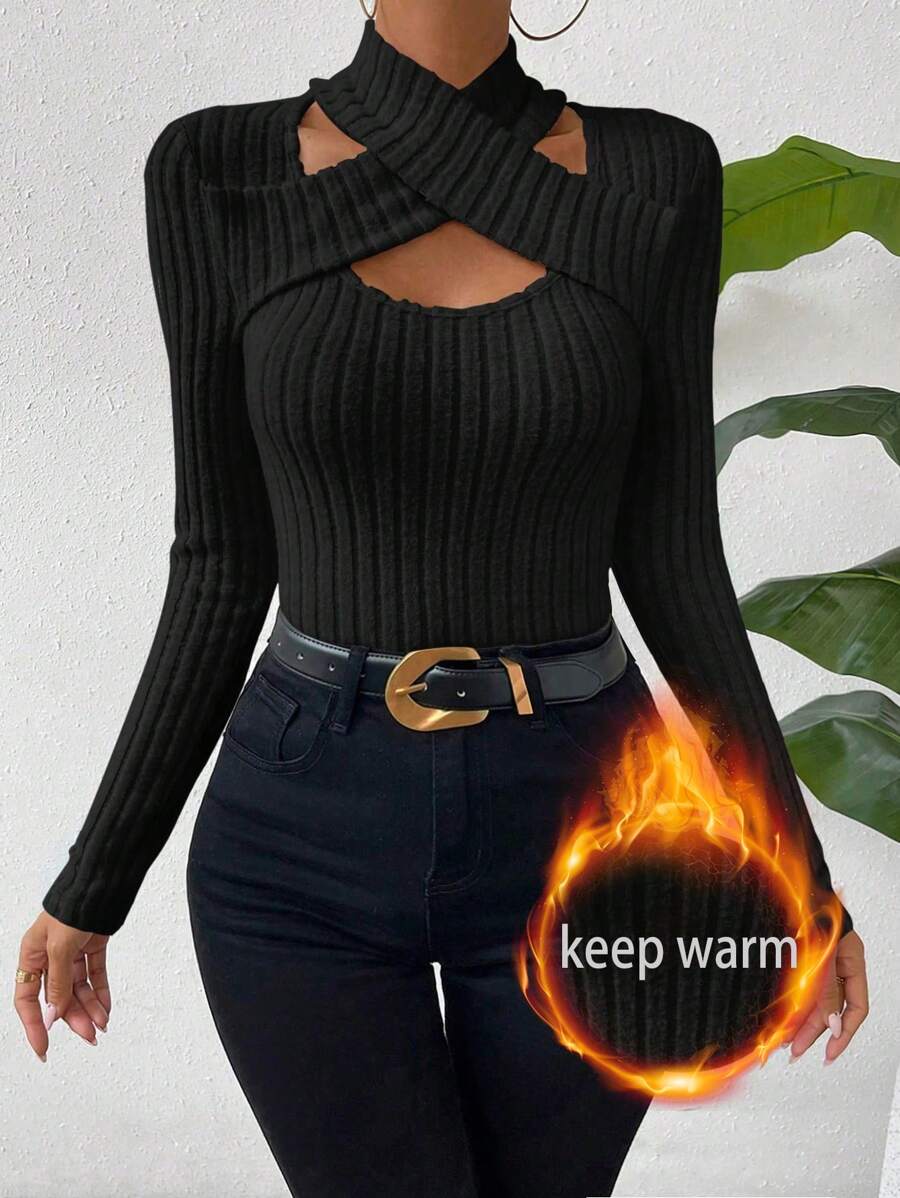 Vavine Áo thun dài tay khoét lỗ màu trơn cho nữ, giữ nhiệt, mùa thu - màu đen - Xem 1