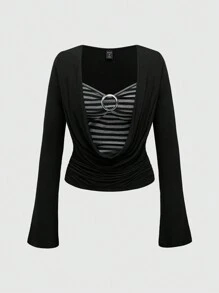 ROMWE J-Fashion Y2K Vintage Style Abbie 2 In 1 Black & Gray Stripe Patchwork Draped Neck T-Shirt For Women - Black - View 1