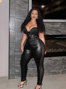 Slaydiva Elegant & Party & Gathering & Concert Black Color Pu Coated Splice Mesh Diamond Pattern Flocked Fabric Long Style Women Plus Size Leggings, Spring Autumn, For Winter - Black - View 8