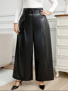 SHEIN Clasi Plus Size Fashionable Elegant Slant Pockets Loose Wide Leg Pants - Black - View 6