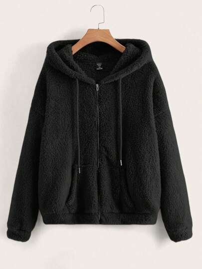 SHEIN LUNE 大码女式纯色羊毛连帽夹克，秋冬季休闲款