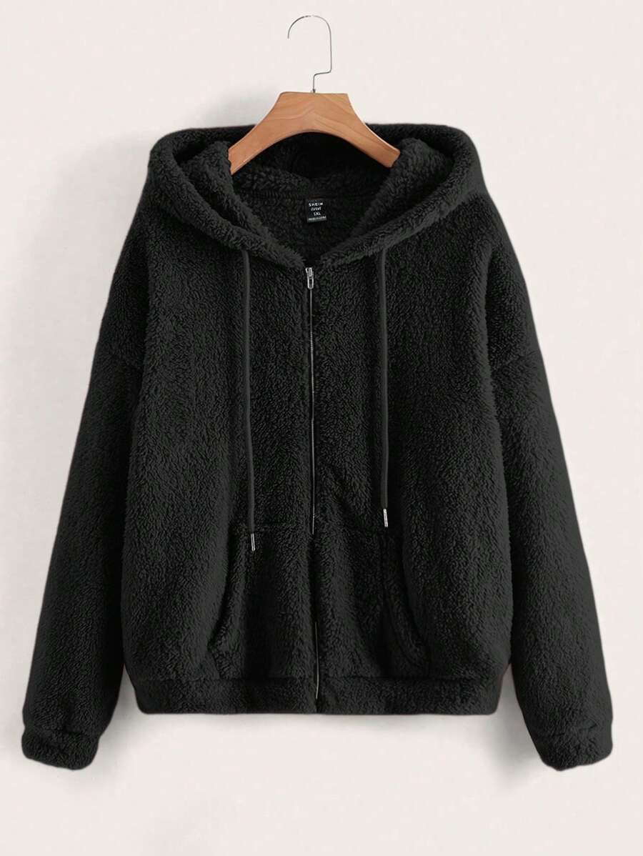 SHEIN LUNE Giacca con cappuccio in pile tinta unita di taglia comoda per donna, casual per autunno/inverno