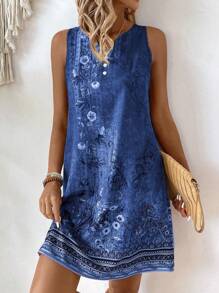 EMERY ROSE 女士夏季假日花卉印花無袖V領寬鬆連衣裙，側開叉設計 - 藏蓝色 - 查看 3