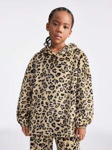 SHEIN Bộ quần dài tay rộng thùng thình giữ ấm màu nâu cho bé gái tuổi mới lớn, trang phục hai mảnh, áo hoodies/áo len giữ ấm cơ bản mùa thu/đông - màu nâu - Xem 5