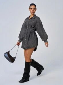 Jeanoix 1 chiếc váy sơ mi dài tay hở vai denim bó sát thanh lịch dành cho nữ - Xám - Xem 5