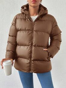 SHEIN Tall Solid Color Hooded Zip-Up Long Sleeve Winter Jacket