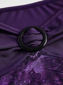 ROMWE Hippie 女士花卉印花甜心颈环装饰不对称下摆长袖 T 恤 - 紫色 - 查看 4