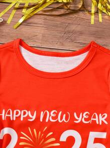 SHEIN Girls' New Year 2025 Print Red Short Sleeve T-Shirt, Casual & Versatile For New Year Party & Celebration