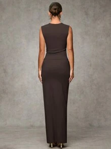 SHEIN BAE Women Casual Sleeveless Long Skirt Set, Autumn/Winter - Coffee Brown - View 2