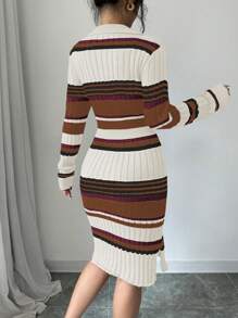 Chiquease Robe pull ajustée à manches longues avec imprimé de rayures contrastées pour femmes - Multicolore - Voir 2