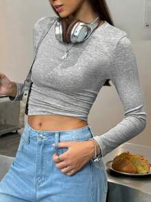 INAWLY 女士纯色圆领休闲长袖套头 T 恤 - 淺灰色 - 查看 4