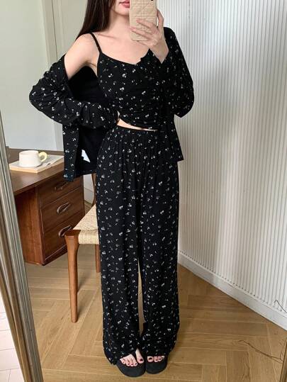 DAZY 3件套碎花吊带背心、睡袍和睡裤睡衣套装，秋冬睡衣