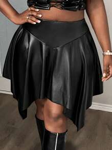 Slaydiva Plus Size Women's Black Solid Color Asymmetric Hem Casual Skirt, Elegant For Dates, Parties And Gatherings, Spring/Autumn