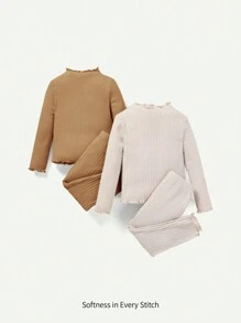 Cozy Pixies 2pcs/Set Baby Girl Solid Color Round Neck Ruffle Hem Long Sleeve Top And Legging Pants