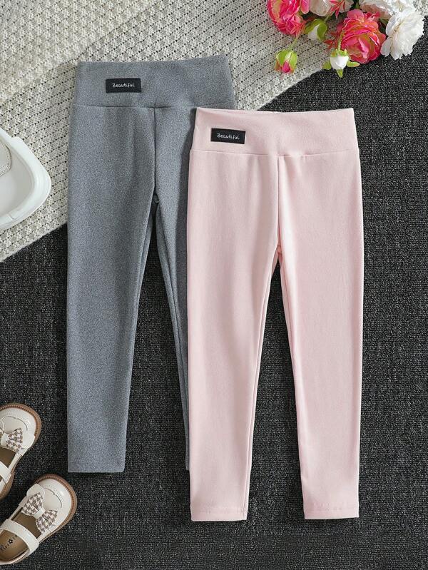 SHEIN 2pcs Young Girl Solid Color Fitted High Waist Tummy Protection Long Leggings, Comfortable & Warm For Autumn/Winter