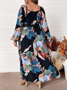 SHEIN VCAY Plus Size Black Floral & Crane Print Sweetheart Neck Long Sleeve Lantern Sleeve Lace Hem Split Dress, Casual Holiday Boho Western Style Long Dress - Multicolor - View 4