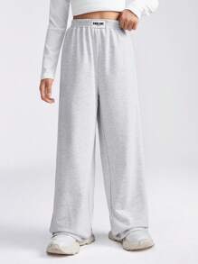 SHEIN Pantalones de chándal anchos y sueltos de punto gris básicos, cómodos, para niñas preadolescentes en primavera/verano
