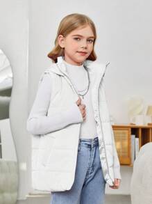 SHEIN Tween Girl Woven Hooded Sleeveless Casual Vest - White - View 3