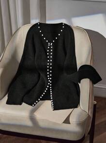 SHEIN CURVE+ Áo len cardigan tay dài hở phía trước trang trí ngọc trai giả cỡ lớn cho nữ - màu đen - Xem 1