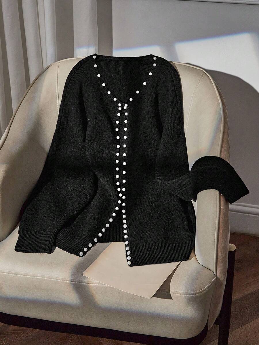 SHEIN CURVE+ Áo len cardigan tay dài hở phía trước trang trí ngọc trai giả cỡ lớn cho nữ - màu đen - Xem 1