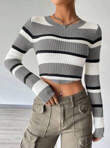 Flirla Áo len nữ cổ tròn tay dài dáng ngắn kẻ sọc phối màu, áo len chui đầu mùa thu/đông. - Nhiều màu - Xem 6