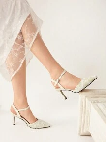 CUCCOO HITCHD Almond Color Lace & Mesh Pointed Toe Elegant Versatile Women Stiletto Heels Backless Pumps - Apricot - View 9