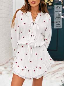 SHEIN VCAY Bộ đồ liền thân thường ngày in hình trái tim dài tay buộc phía trước cho nữ - trắng - Xem 7
