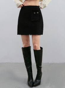 EURMUSE Women Elegant Solid Color Raw Trim Skirt - Black - View 5